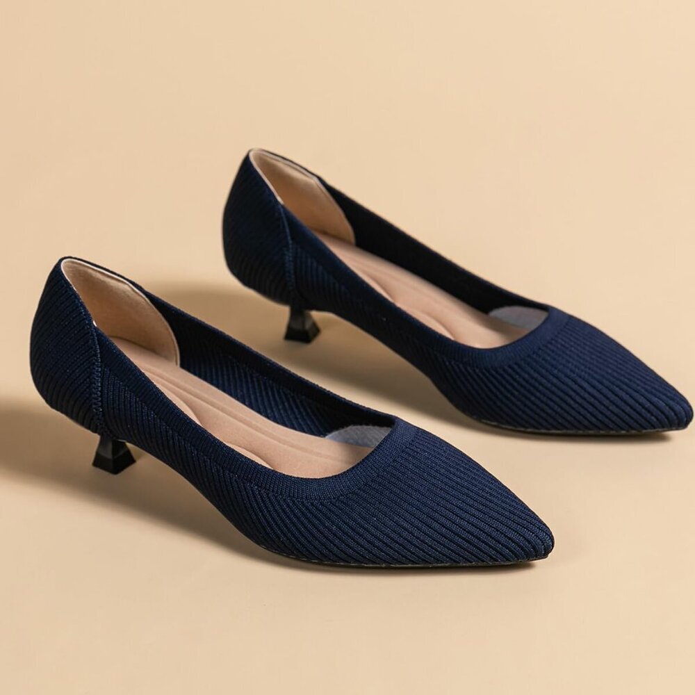 Women's Navy Blue Kitten Heels Pumps Comfortable Knit Closed Toe Heels Casual - Picture 3 of 5